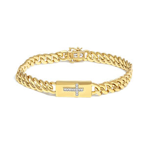 14K Yellow Gold Plated .925 Sterling Silver Diamond Accent Inlaid Cross Cuban